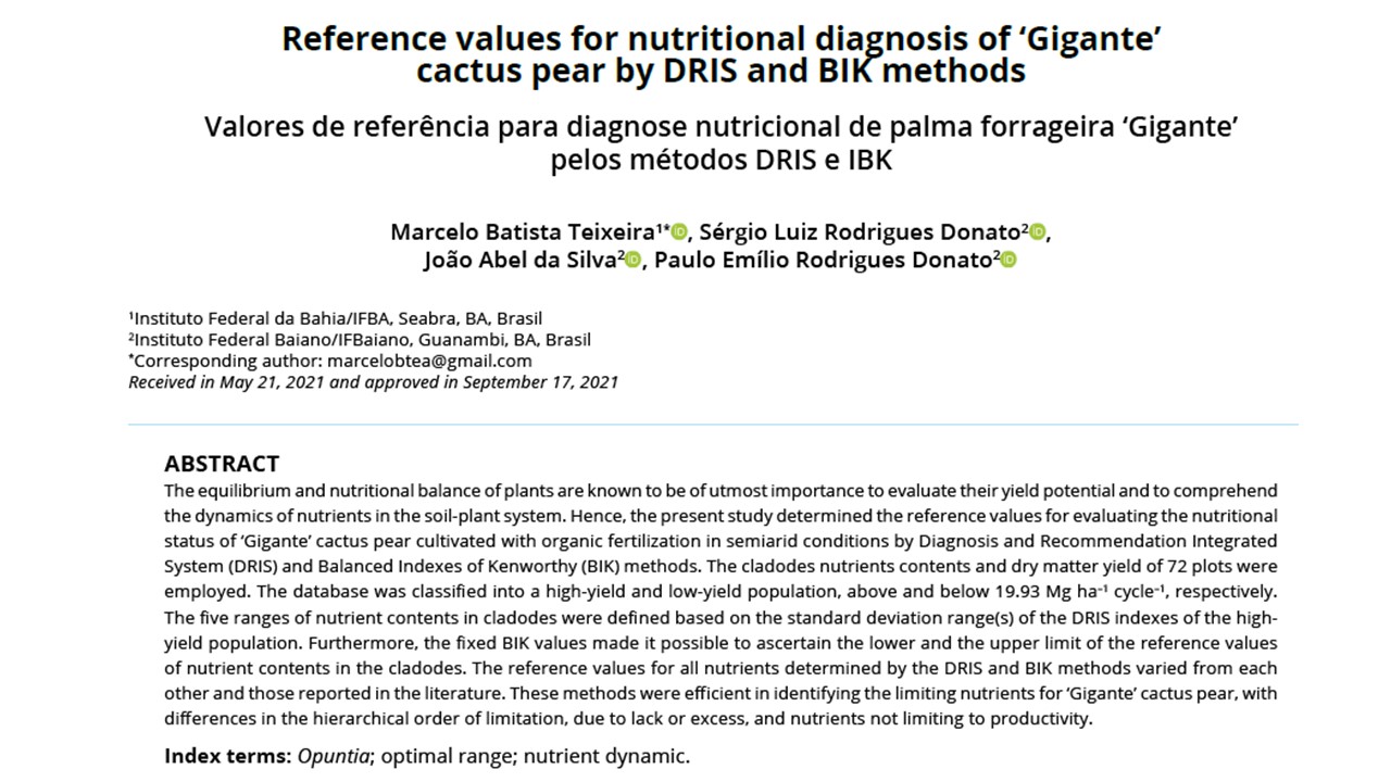 Valores de referência para diagnose nutricional de palma forrageira ‘Gigante’ pelos métodos DRIS e IBK
