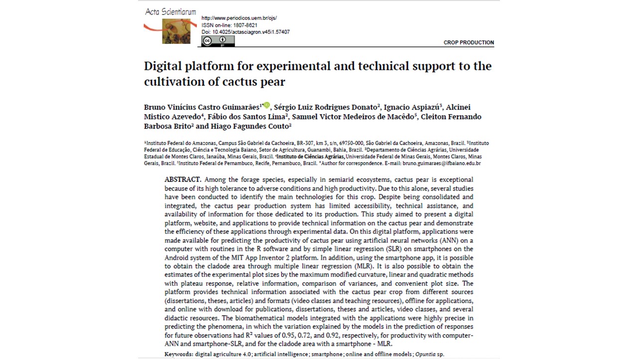 Digital platform for experimental and technical support to the cultivation of cactus pear